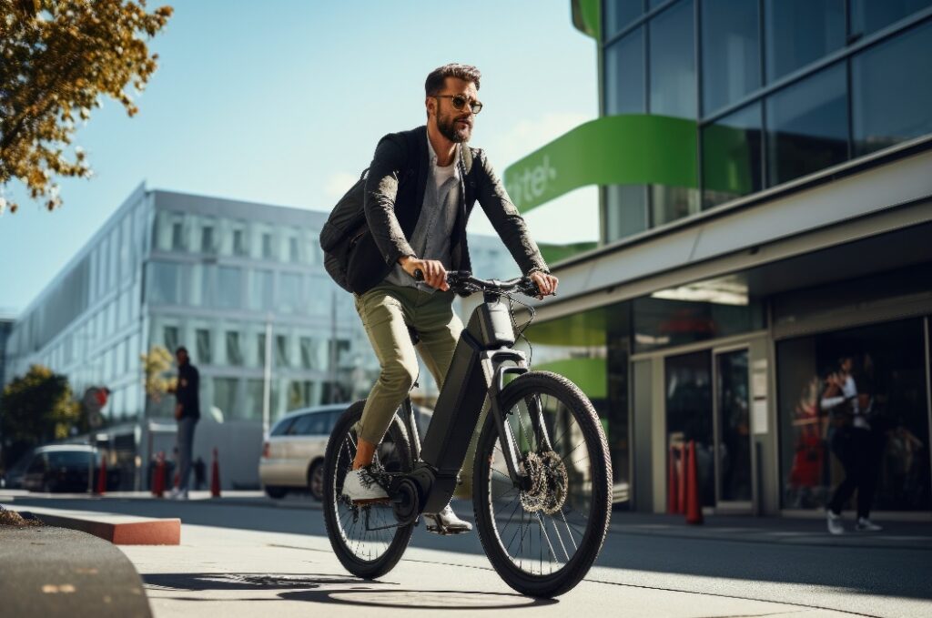 Weißer Mann auf einem Elektrofahrrad in einer Stadt mit Tageslicht (Mittag)